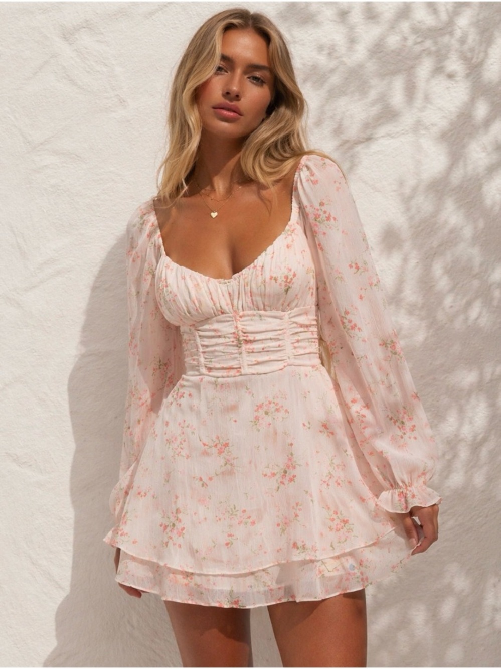 Light Pink Floral Mini Dress with Long Sleeves